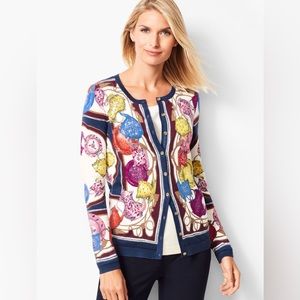 Talbots Charming Cardigan Tea Party Graphic Print Cardigan M